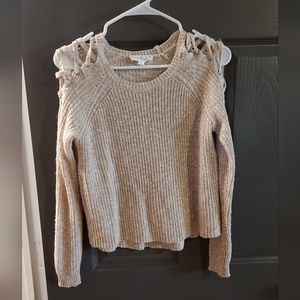 Tan sweater with lace cut out shoulders